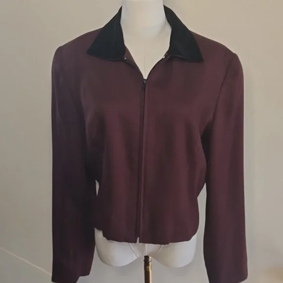 Vintage Finity Maroon Wine Wool Blend Jacket Black Velvet Collar Tailored Boxy - Picture 2 of 8